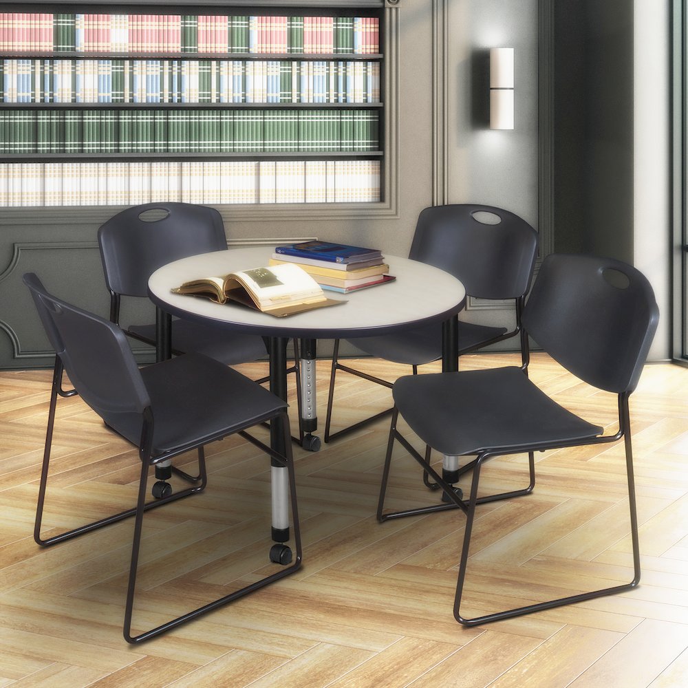 42 Round Mobile Adjustable Classroom Table- Maple & 4 Zeng Stack Chairs- Black. Picture 6