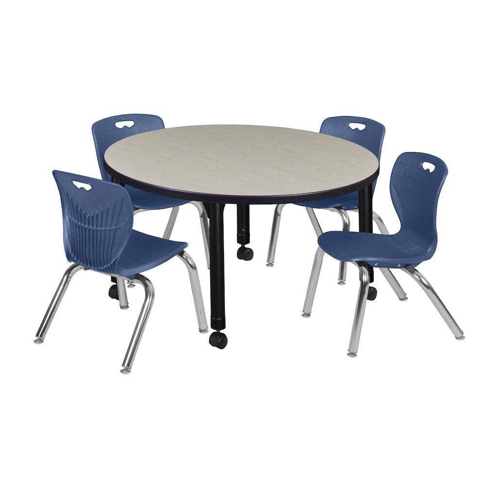 42 Round Adjustable Classroom Table- Maple & 4 Andy 12 Stack Chairs- Blue. Picture 1