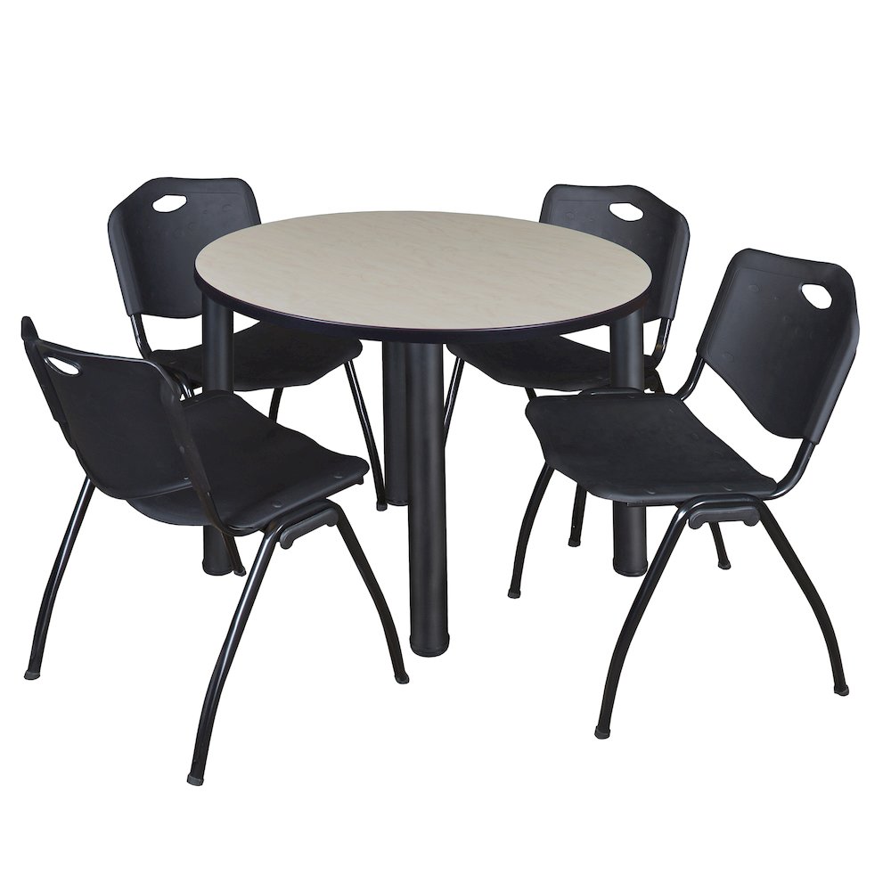 42 in Round Breakroom Table- Maple Top, Black Legs, 4 M Stack Chairs- Black. Picture 1