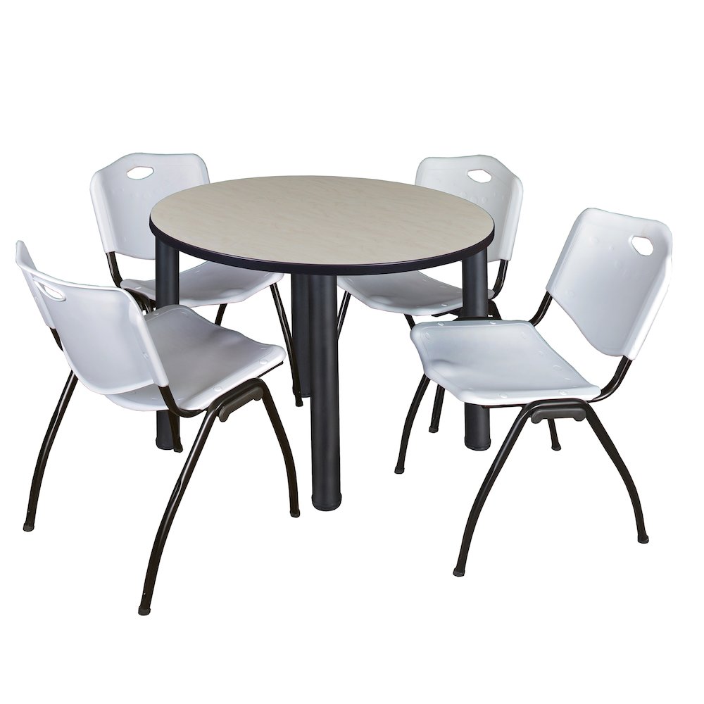 42 in Round Breakroom Table- Maple Top, Black Legs, 4 M Stack Chairs- Grey. Picture 1