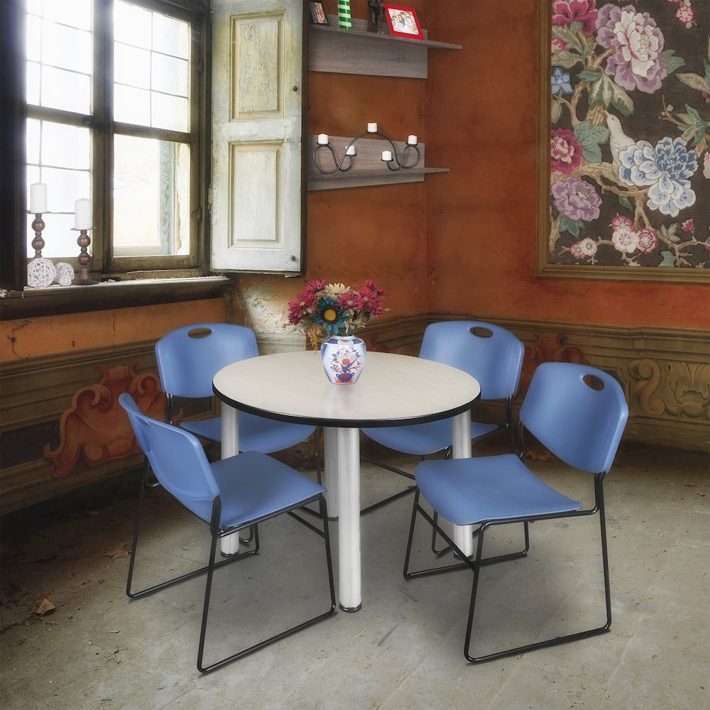 42 in Round Breakroom Table- Maple Top, Chrome Legs, 4 Zeng Stack Chairs- Blue. Picture 6