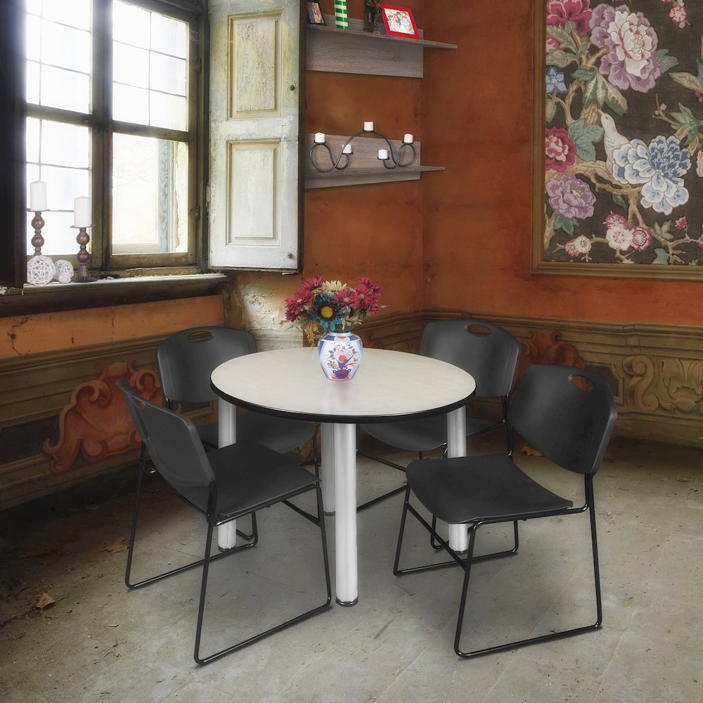 42 in Round Breakroom Table- Maple Top, Chrome Legs, 4 Zeng Stack Chairs- Black. Picture 6