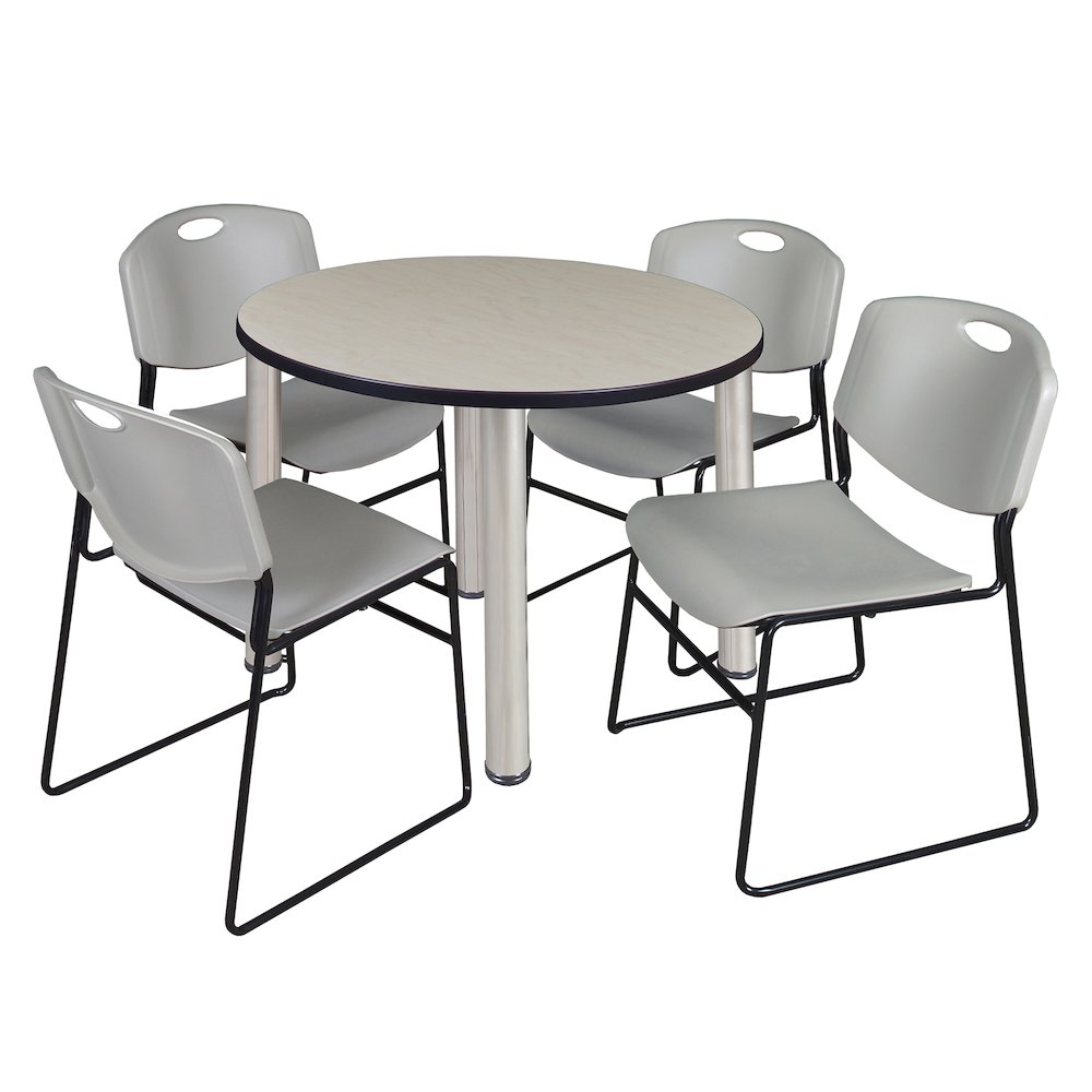 42 in Round Breakroom Table- Maple Top, Chrome Legs, 4 Zeng Stack Chairs- Grey. Picture 1