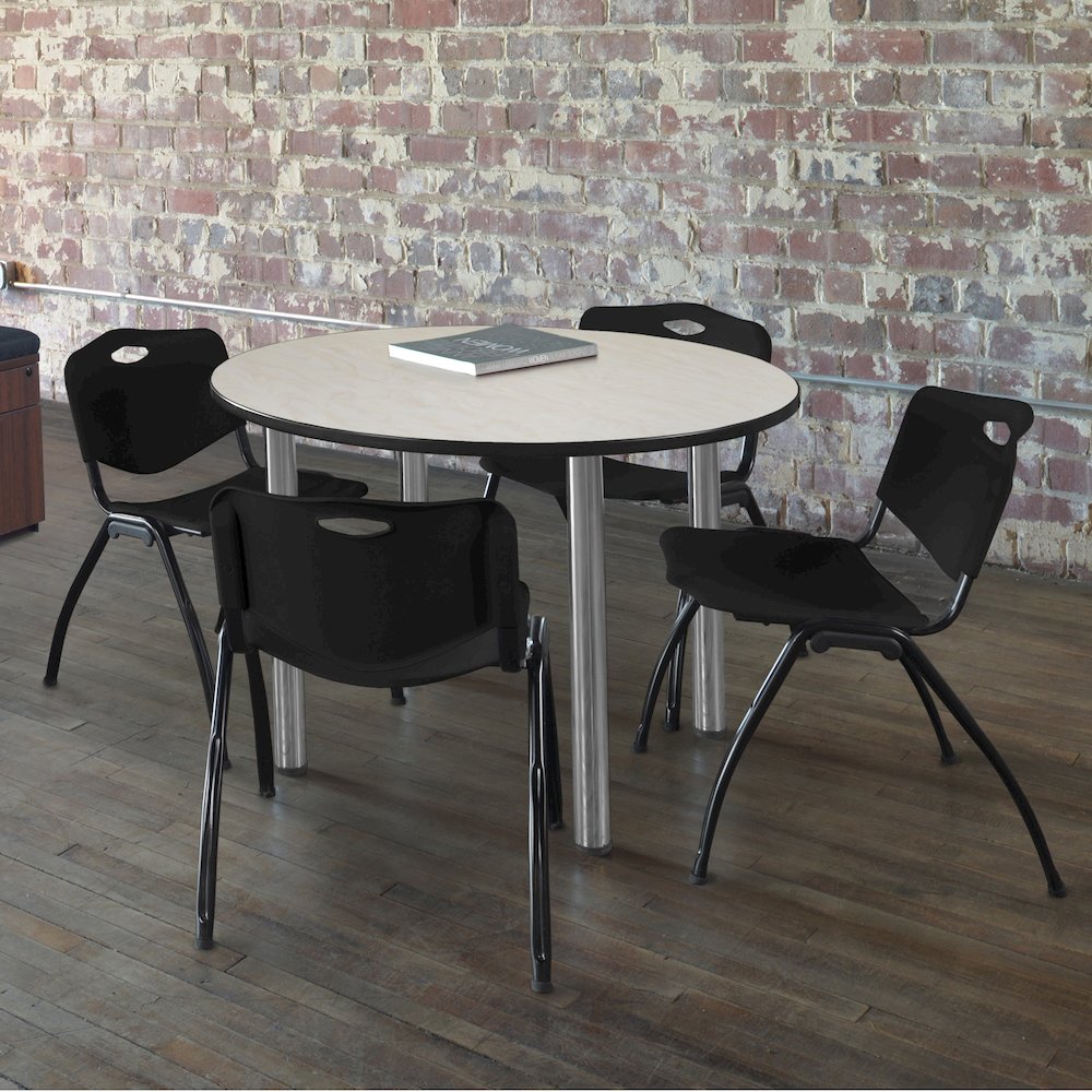 42 in Round Breakroom Table- Maple Top, Chrome Legs, 4 M Stack Chairs- Black. Picture 6