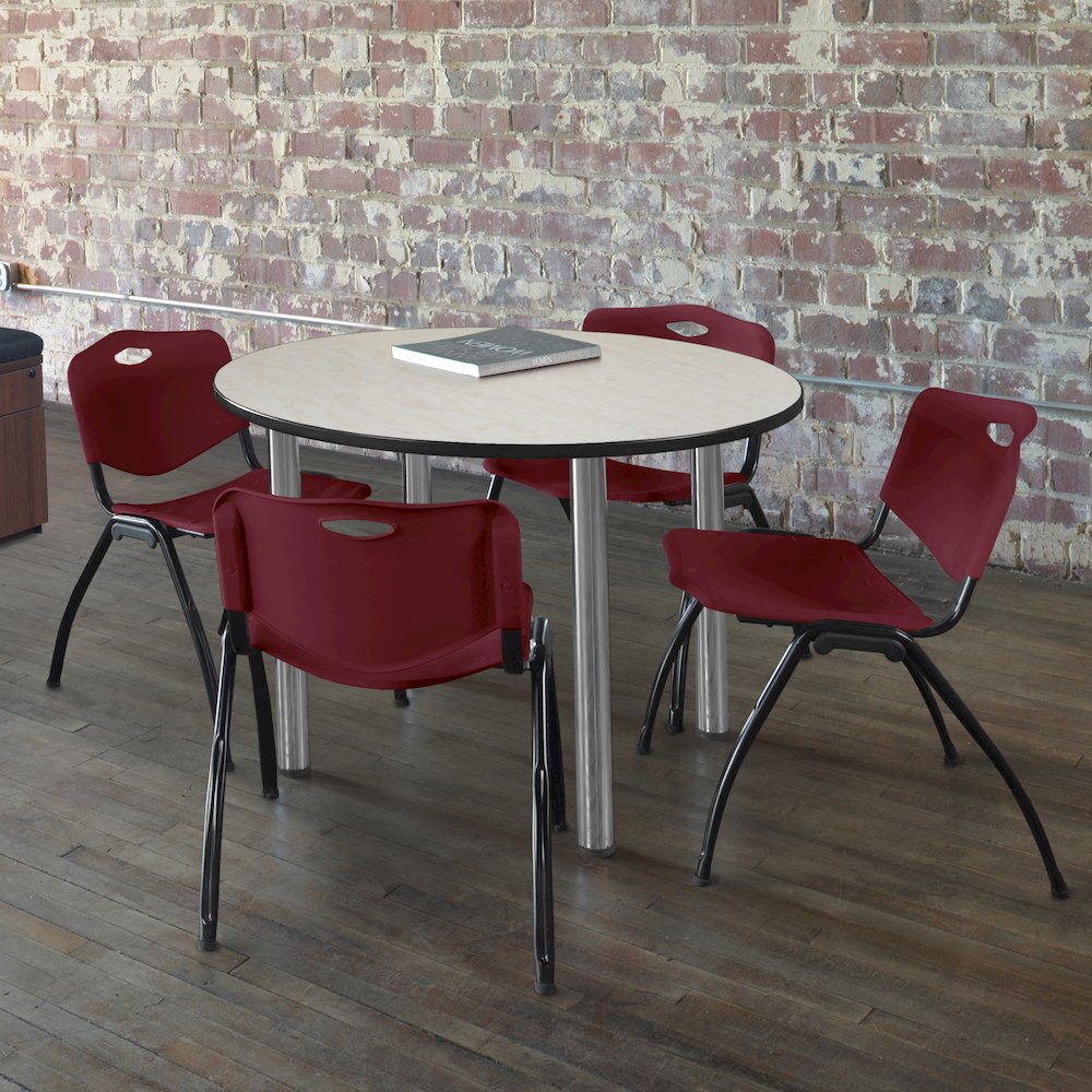 42 in Round Breakroom Table- Maple Top, Chrome Legs, 4 M Stack Chairs- Burgundy. Picture 6