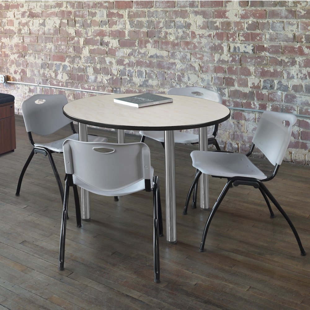 42 in Round Breakroom Table- Maple Top, Chrome Legs, 4 M Stack Chairs- Grey. Picture 6