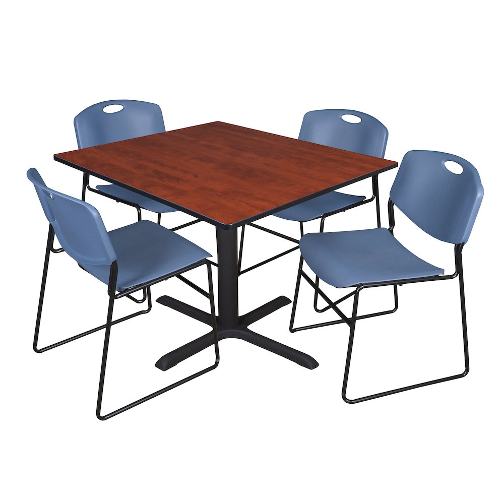 48 in. Square X-Base Breakroom Table- Cherry & 4 Zeng Stack Chairs- Blue. Picture 1