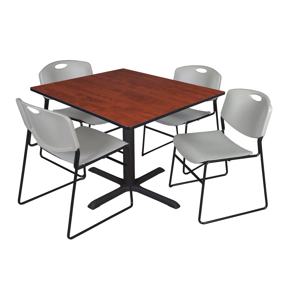 48 in. Square X-Base Breakroom Table- Cherry & 4 Zeng Stack Chairs- Grey. Picture 1