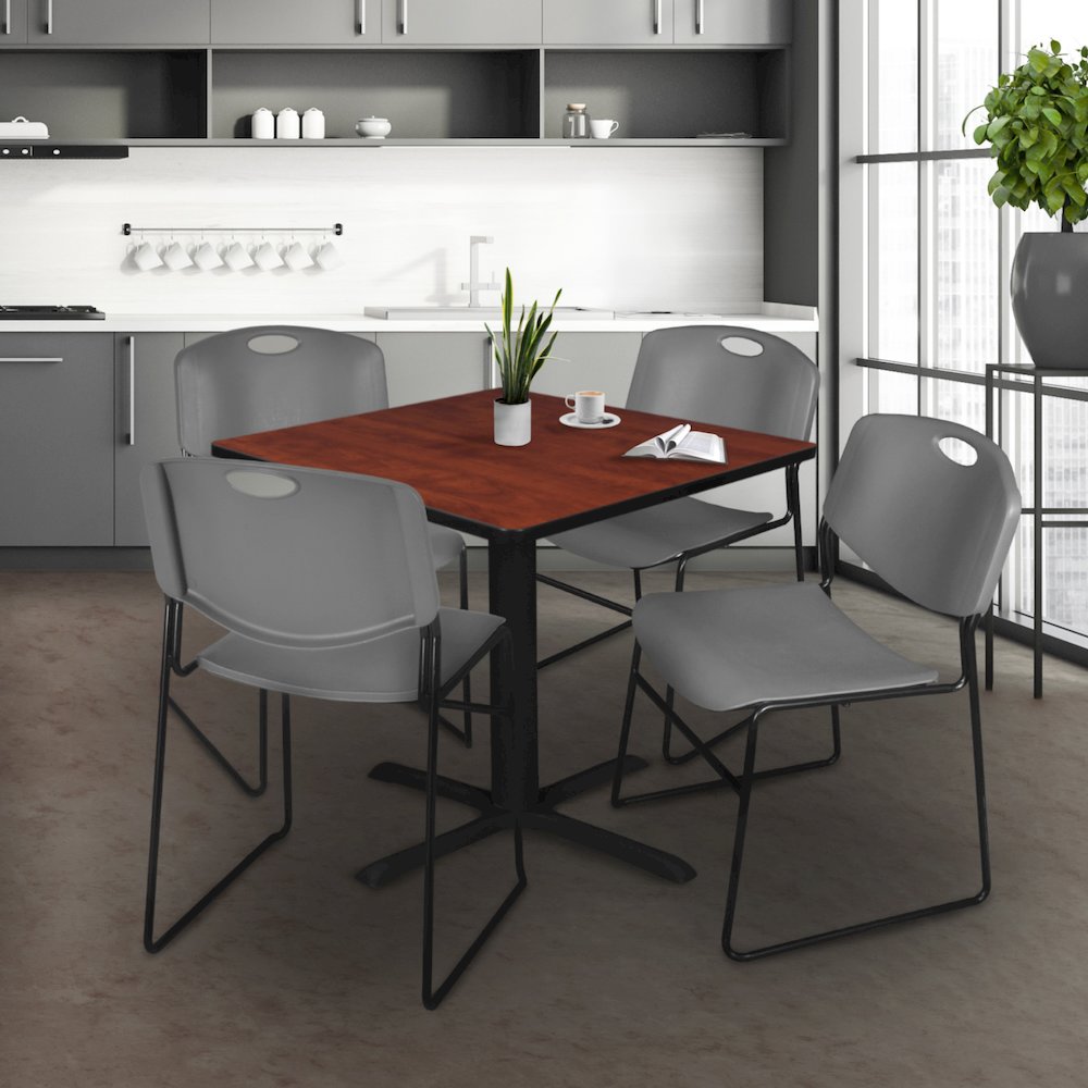 48 in. Square X-Base Breakroom Table- Cherry & 4 Zeng Stack Chairs- Grey. Picture 9
