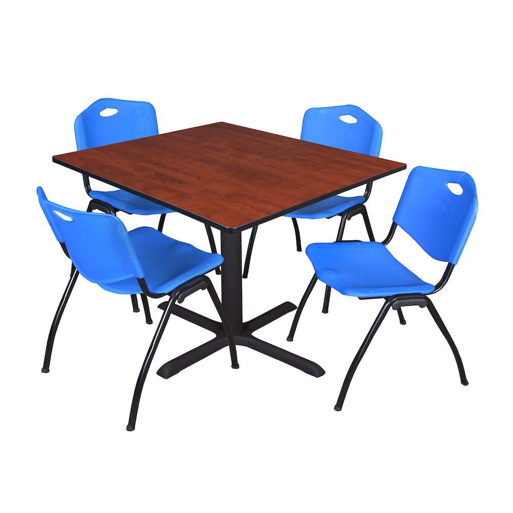 48 in. Square X-Base Breakroom Table- Cherry & 4 M Stack Chairs- Blue. Picture 1