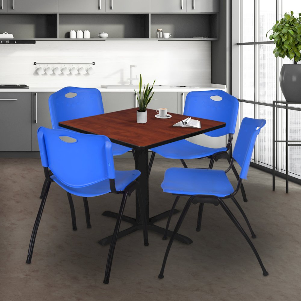 48 in. Square X-Base Breakroom Table- Cherry & 4 M Stack Chairs- Blue. Picture 9