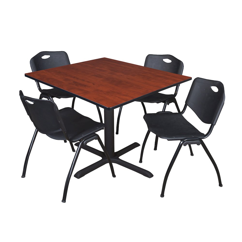 48 in. Square X-Base Breakroom Table- Cherry & 4 M Stack Chairs- Black. Picture 1