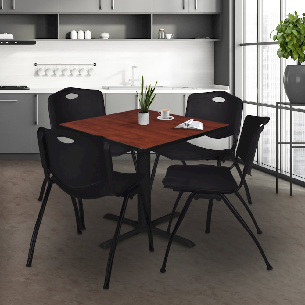 48 in. Square X-Base Breakroom Table- Cherry & 4 M Stack Chairs- Black. Picture 9