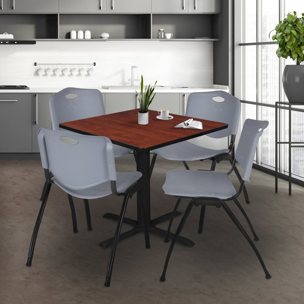48 in. Square X-Base Breakroom Table- Cherry & 4 M Stack Chairs- Grey. Picture 9