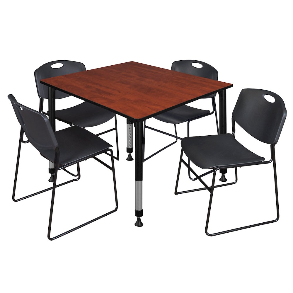 48 in. Square Adjustable Classroom Table- Cherry & 4 Zeng Stack Chairs- Black. Picture 1