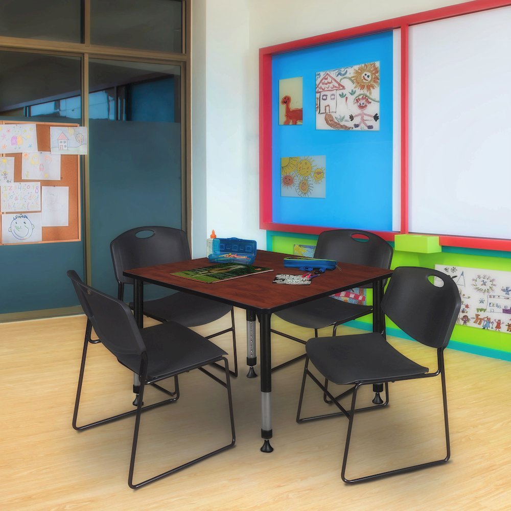 48 in. Square Adjustable Classroom Table- Cherry & 4 Zeng Stack Chairs- Black. Picture 7