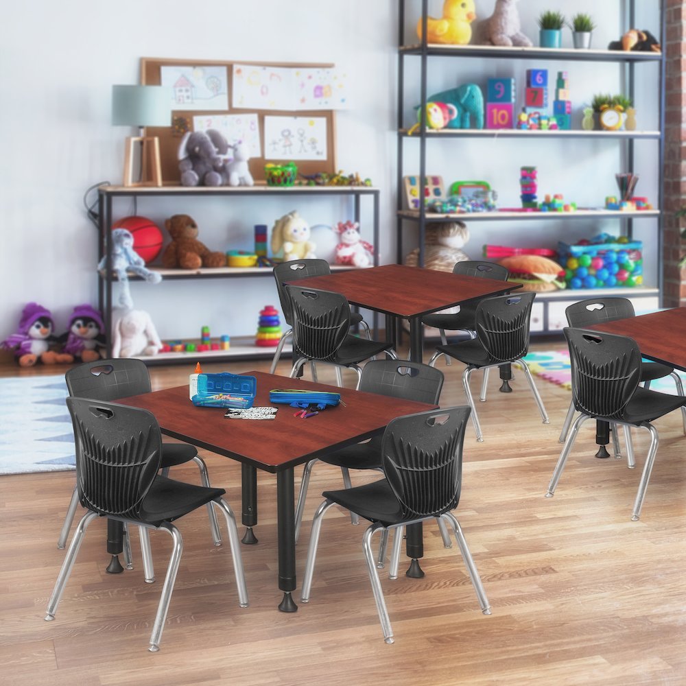48 Square Adjustable Classroom Table- Cherry & 4 Andy 12 Stack Chairs- Black. Picture 7