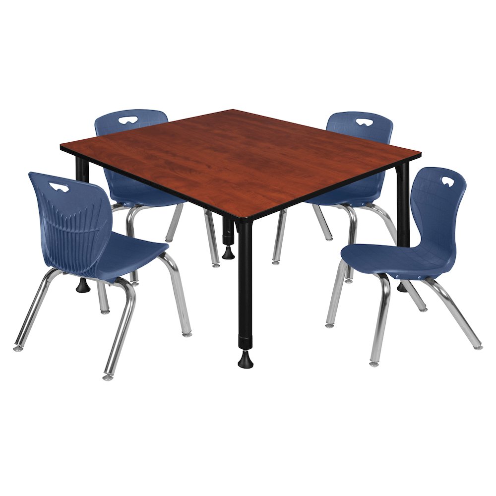 48 Square Adjustable Classroom Table- Cherry & 4 Andy 12 Stack Chairs- Blue. Picture 1