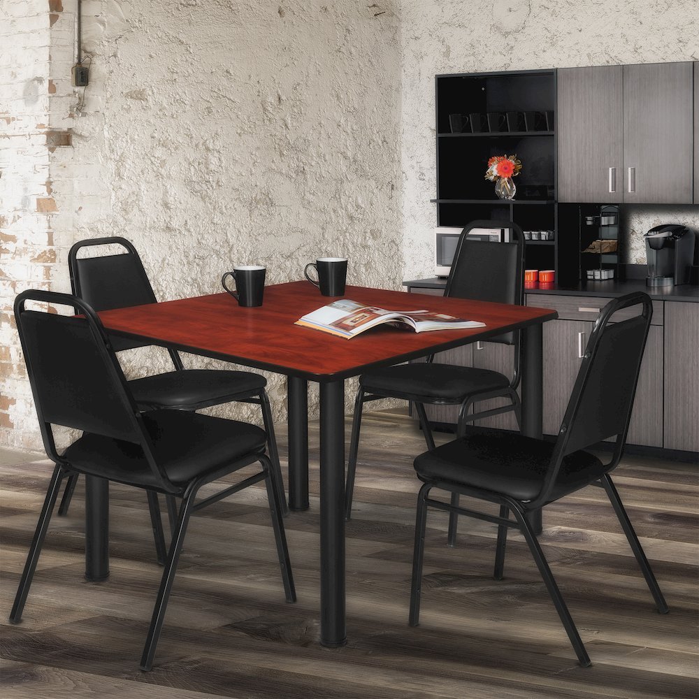 48 in Square Breakroom Table- Cherry Top, Black Legs, 4 Restaurant Stack Chairs. Picture 7