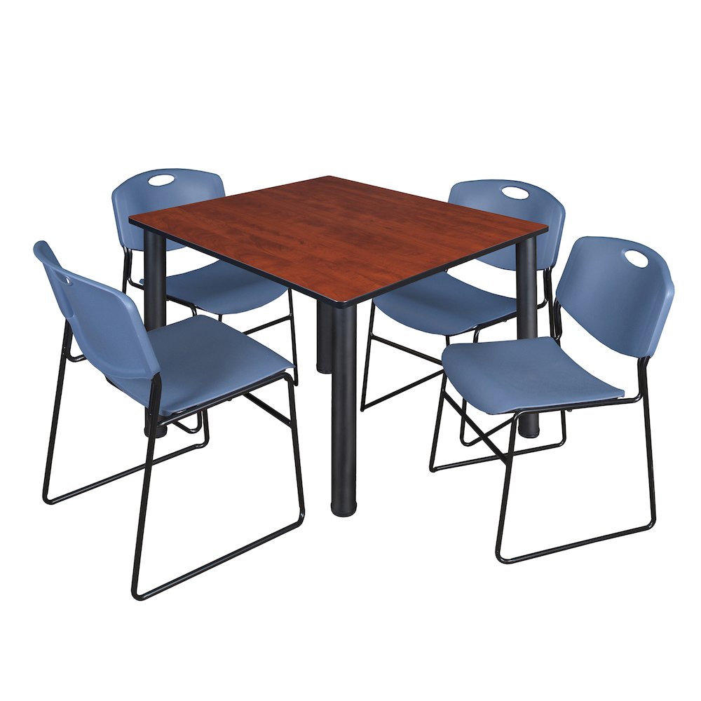 48 in Square Breakroom Table- Cherry Top, Black Legs, 4 Zeng Stack Chairs- Blue. Picture 1