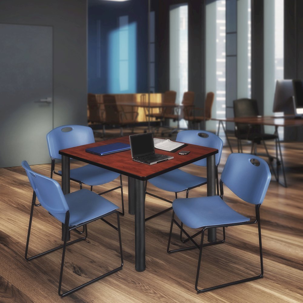 48 in Square Breakroom Table- Cherry Top, Black Legs, 4 Zeng Stack Chairs- Blue. Picture 7