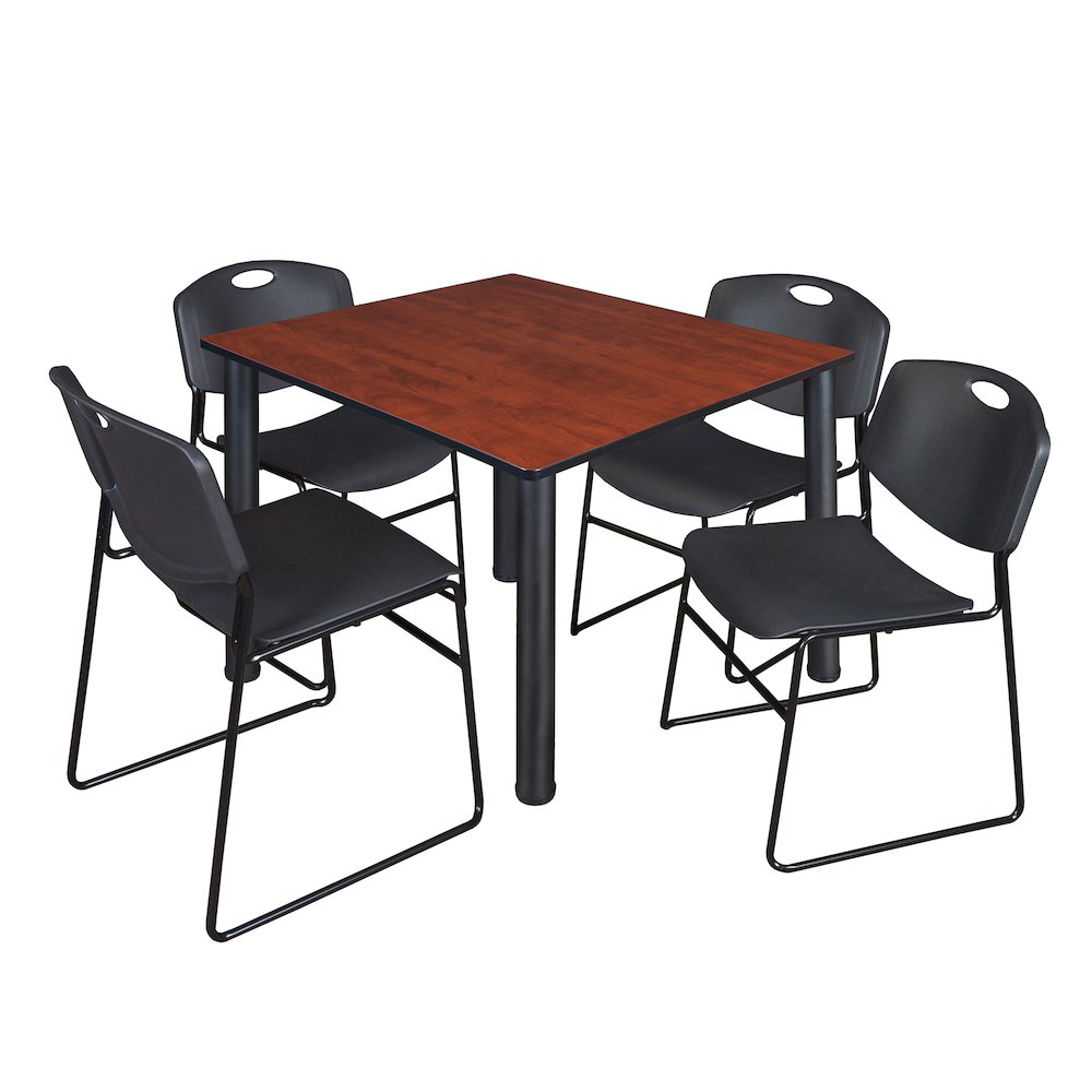 48 in Square Breakroom Table- Cherry Top, Black Legs, 4 Zeng Stack Chairs- Black. Picture 1