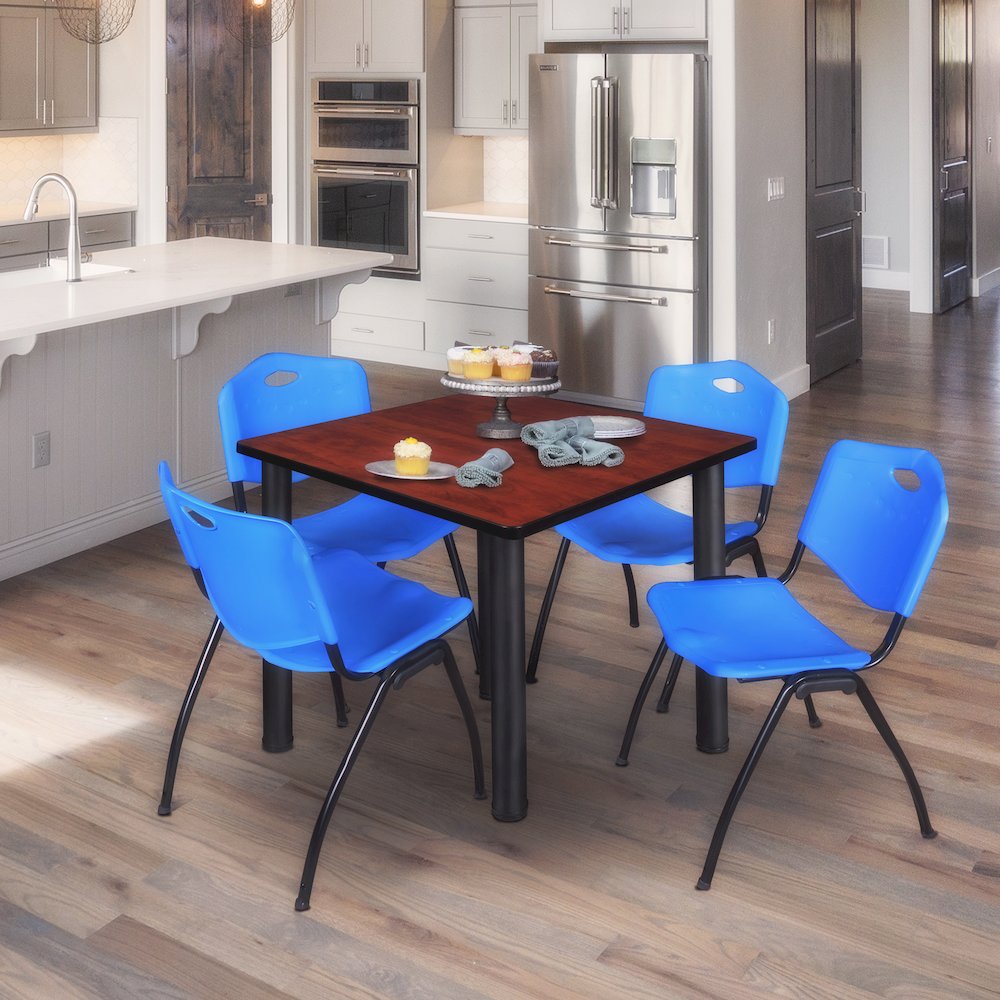48 in Square Breakroom Table- Cherry Top, Black Legs, 4 M Stack Chairs- Blue. Picture 7