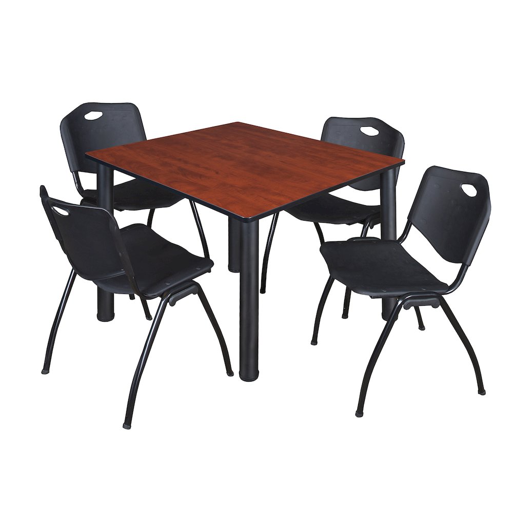48 in Square Breakroom Table- Cherry Top, Black Legs, 4 M Stack Chairs- Black. Picture 1