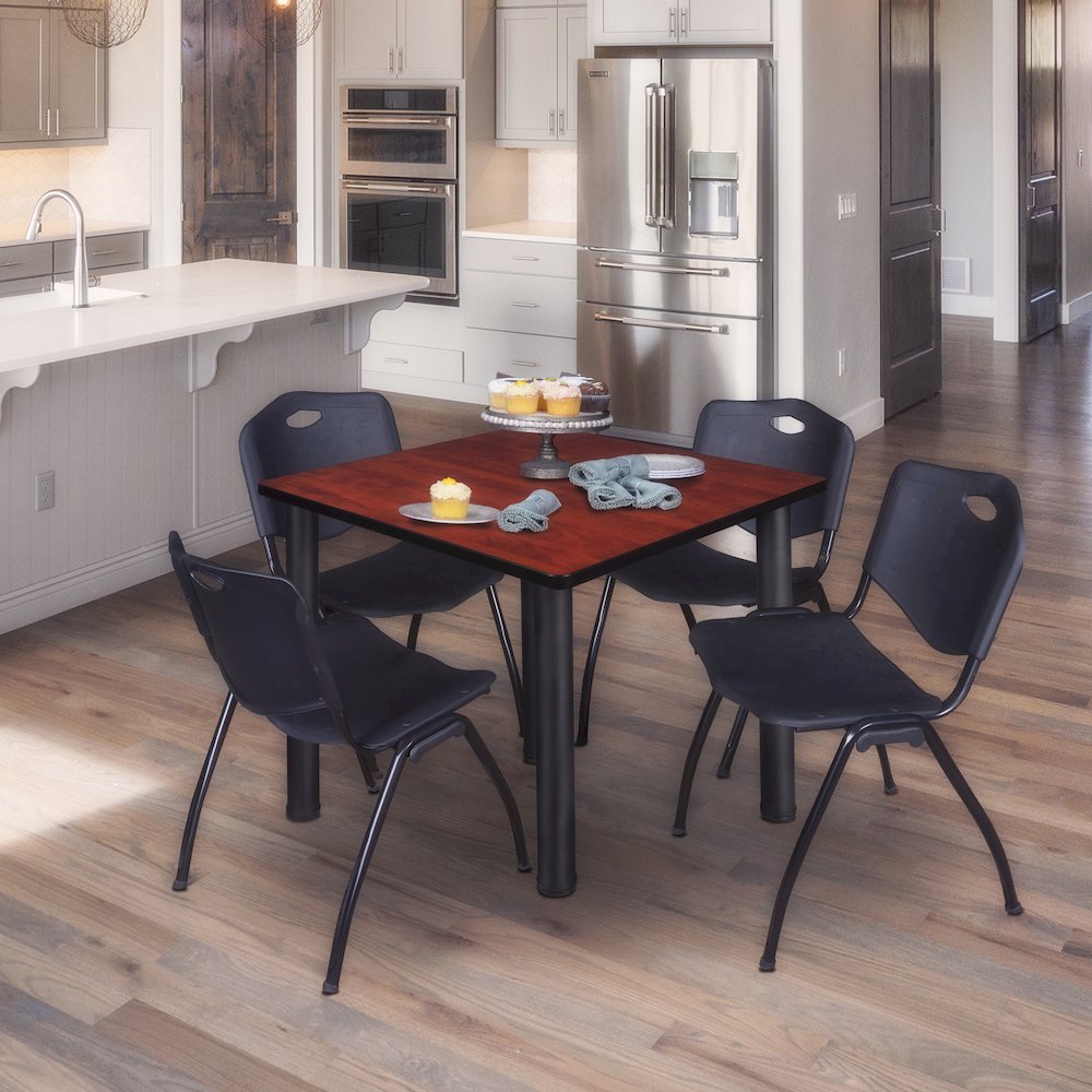 48 in Square Breakroom Table- Cherry Top, Black Legs, 4 M Stack Chairs- Black. Picture 7