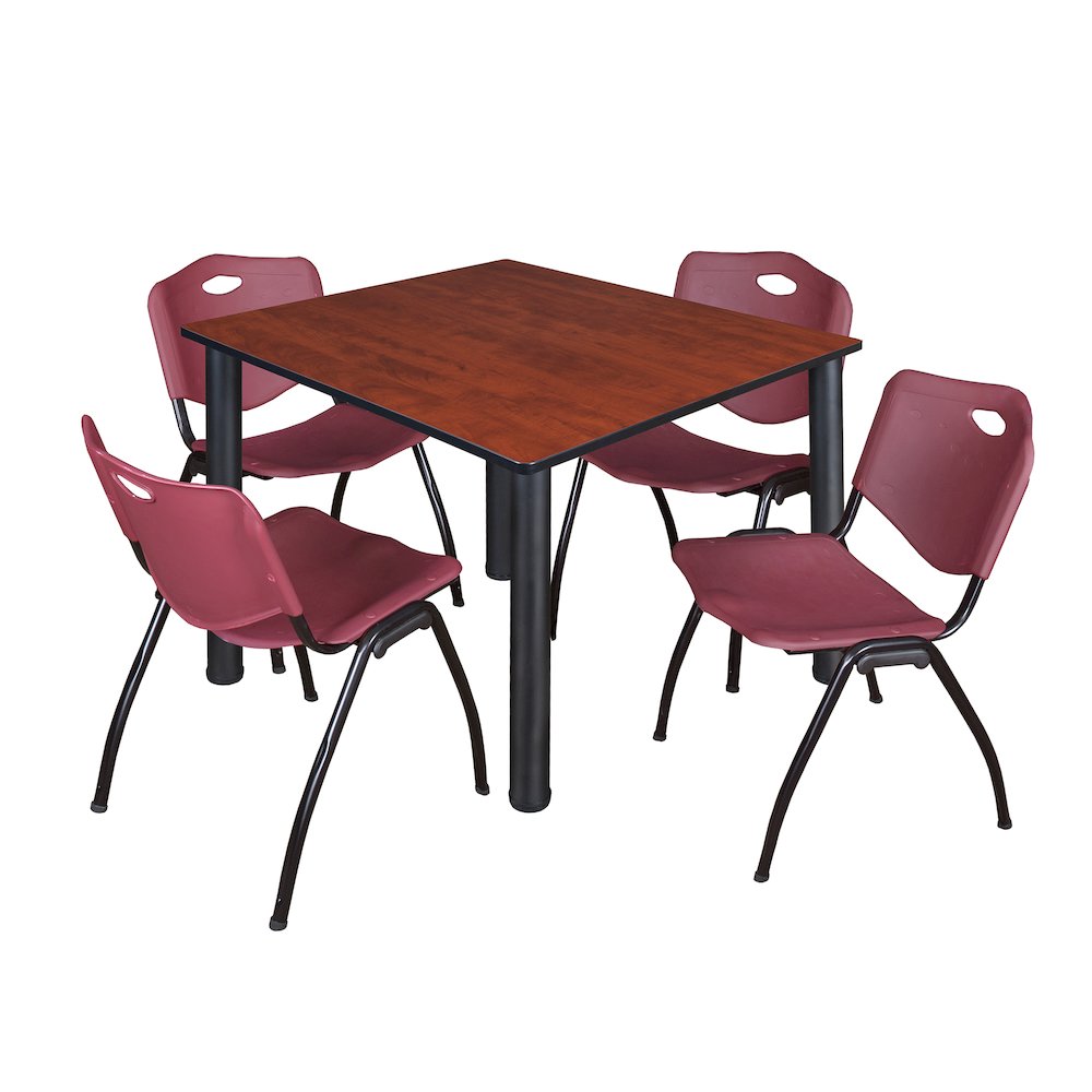 48 in Square Breakroom Table- Cherry Top, Black Legs, 4 M Stack Chairs- Burgundy. Picture 1