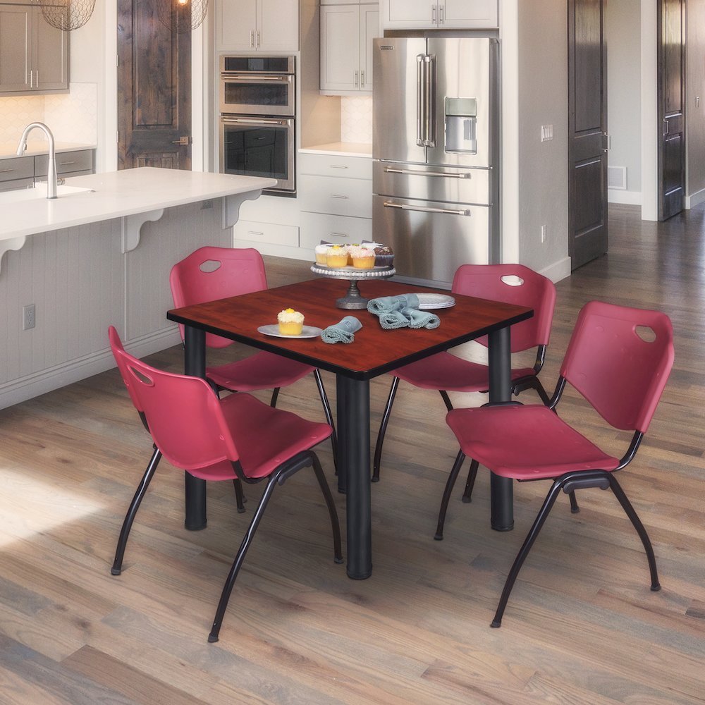 48 in Square Breakroom Table- Cherry Top, Black Legs, 4 M Stack Chairs- Burgundy. Picture 7