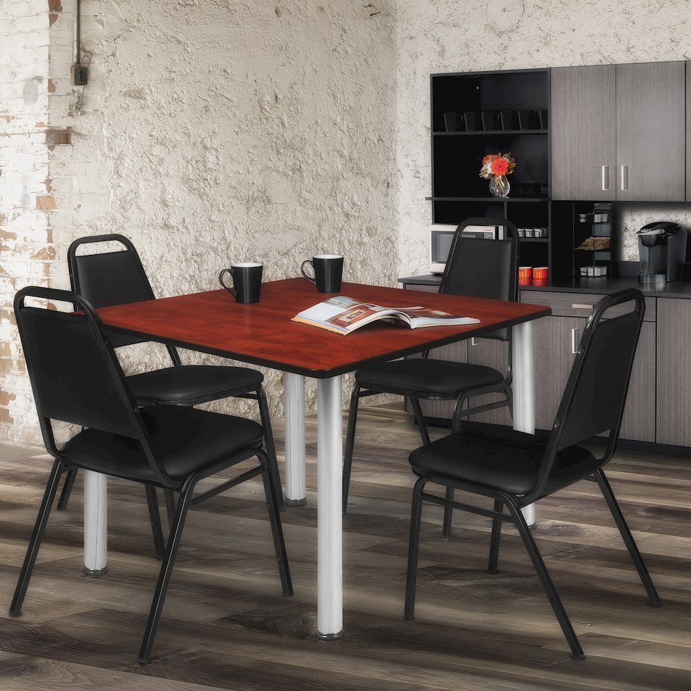 48 in Square Breakroom Table- Cherry Top, Chrome Legs, 4 Restaurant Stack Chairs. Picture 7