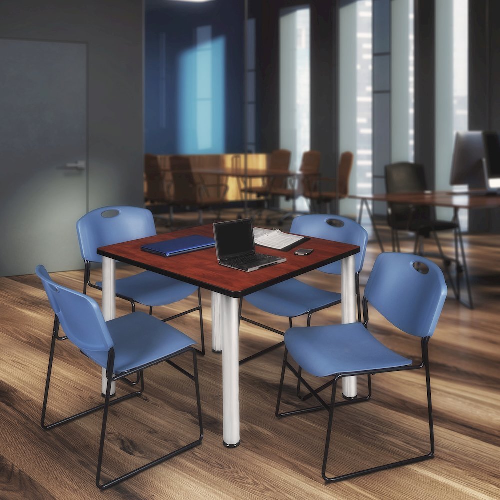 48 in Square Breakroom Table- Cherry Top, Chrome Legs, 4 Zeng Stack Chairs- Blue. Picture 7