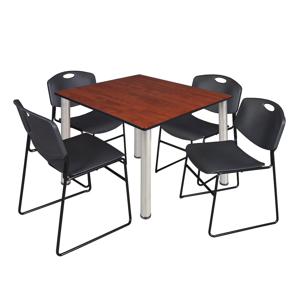 48 Square Breakroom Table- Cherry Top, Chrome Legs, 4 Zeng Stack Chairs- Black. Picture 1