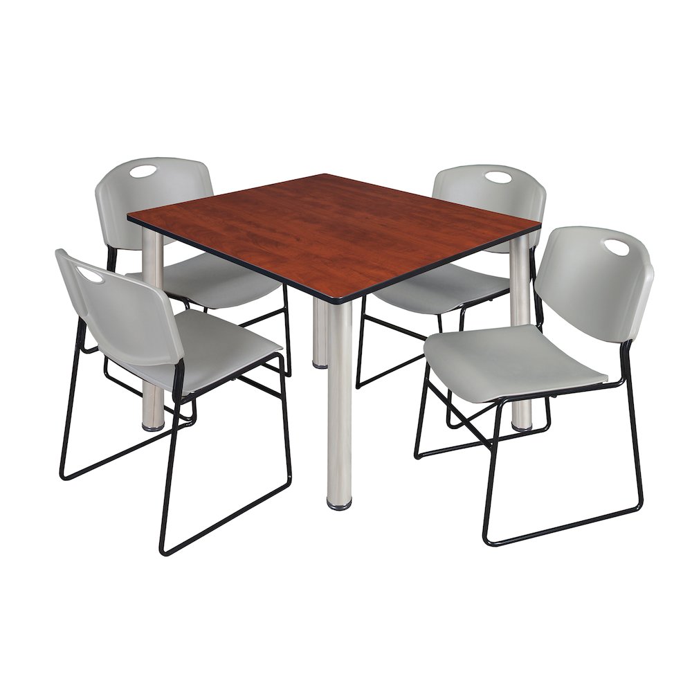 48 in Square Breakroom Table- Cherry Top, Chrome Legs, 4 Zeng Stack Chairs- Grey. Picture 1