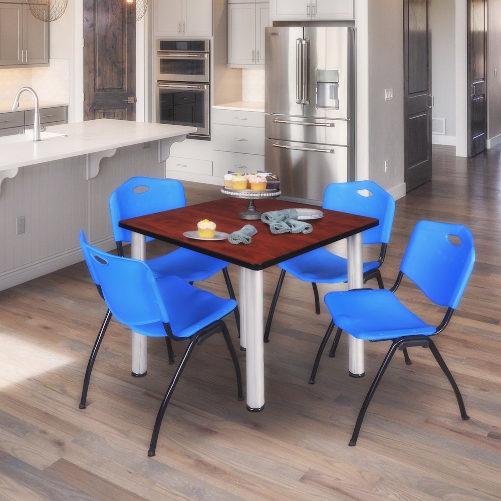 48 in Square Breakroom Table- Cherry Top, Chrome Legs, 4 M Stack Chairs- Blue. Picture 7