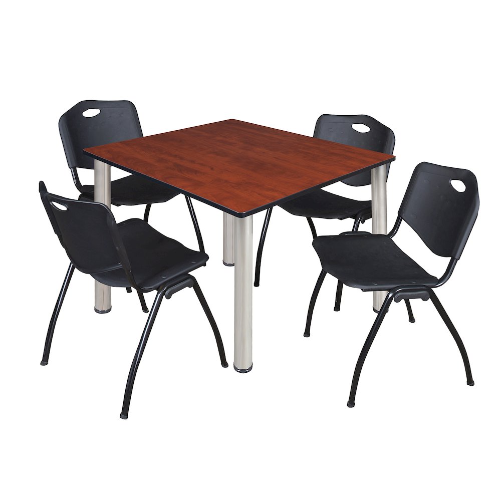 48 in Square Breakroom Table- Cherry Top, Chrome Legs, 4 M Stack Chairs- Black. Picture 1