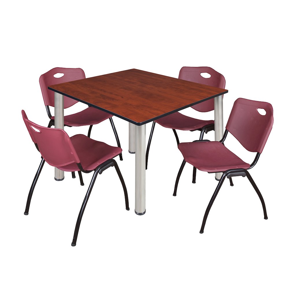 48 Square Breakroom Table- Cherry Top, Chrome Legs, 4 M Stack Chairs- Burgundy. Picture 1