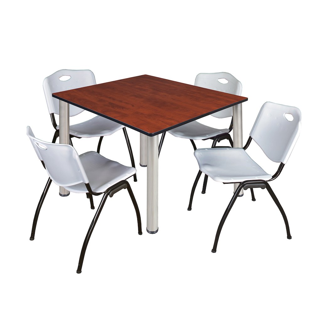 48 in Square Breakroom Table- Cherry Top, Chrome Legs, 4 M Stack Chairs- Grey. Picture 1