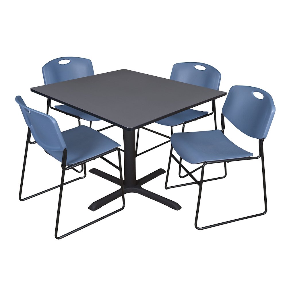 48 in. Square X-Base Breakroom Table- Grey & 4 Zeng Stack Chairs- Blue. Picture 1