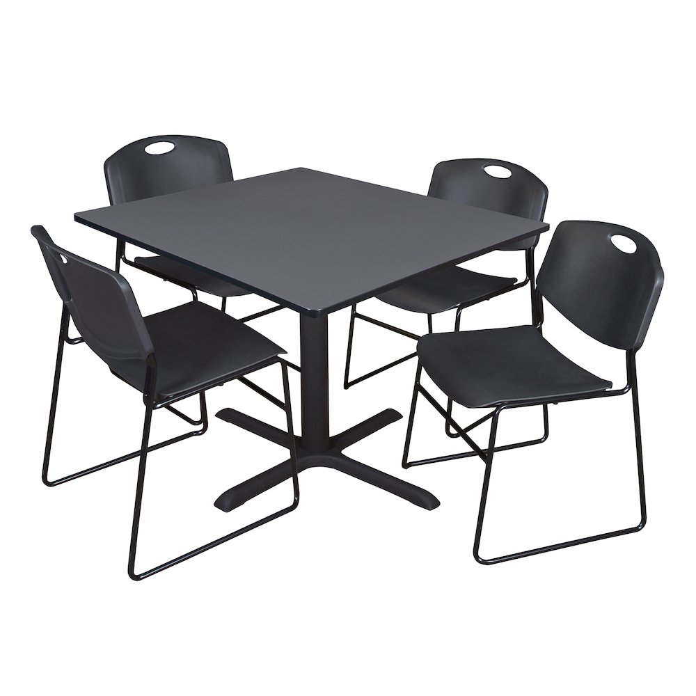 48 in. Square X-Base Breakroom Table- Grey & 4 Zeng Stack Chairs- Black. Picture 1