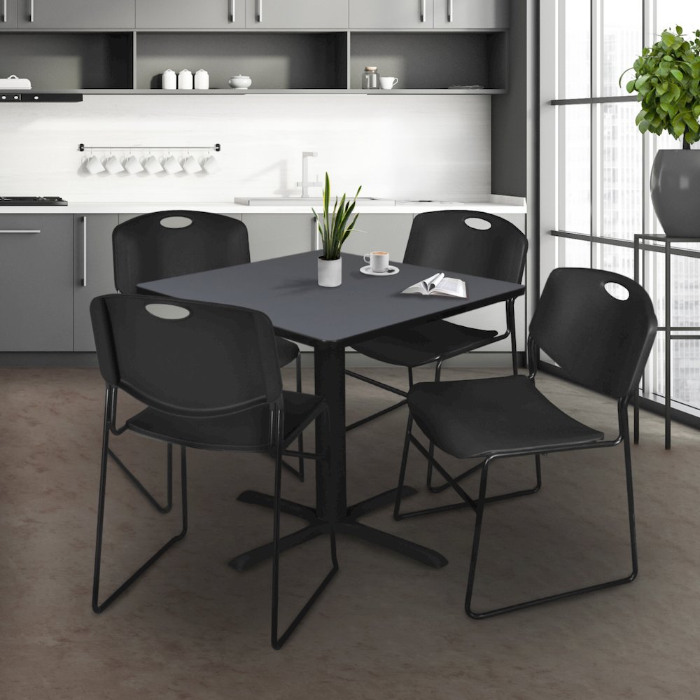 48 in. Square X-Base Breakroom Table- Grey & 4 Zeng Stack Chairs- Black. Picture 9