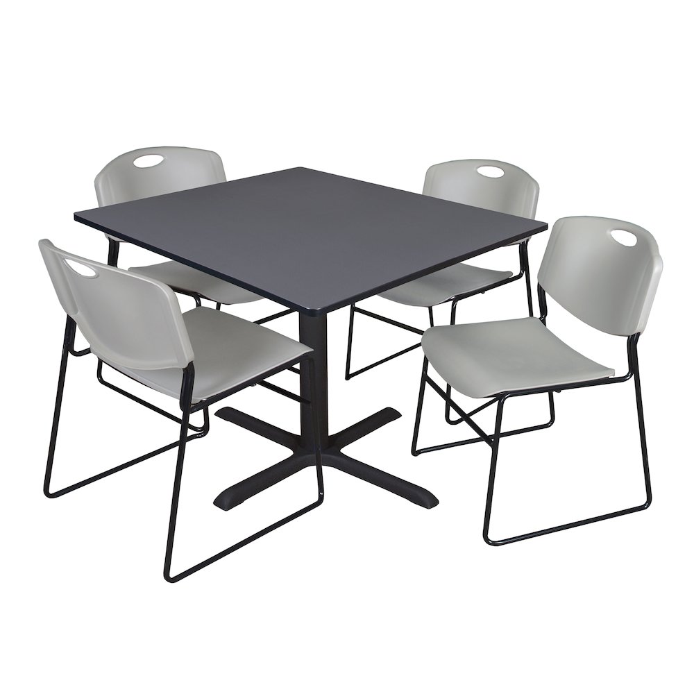 48 in. Square X-Base Breakroom Table- Grey & 4 Zeng Stack Chairs- Grey. Picture 1