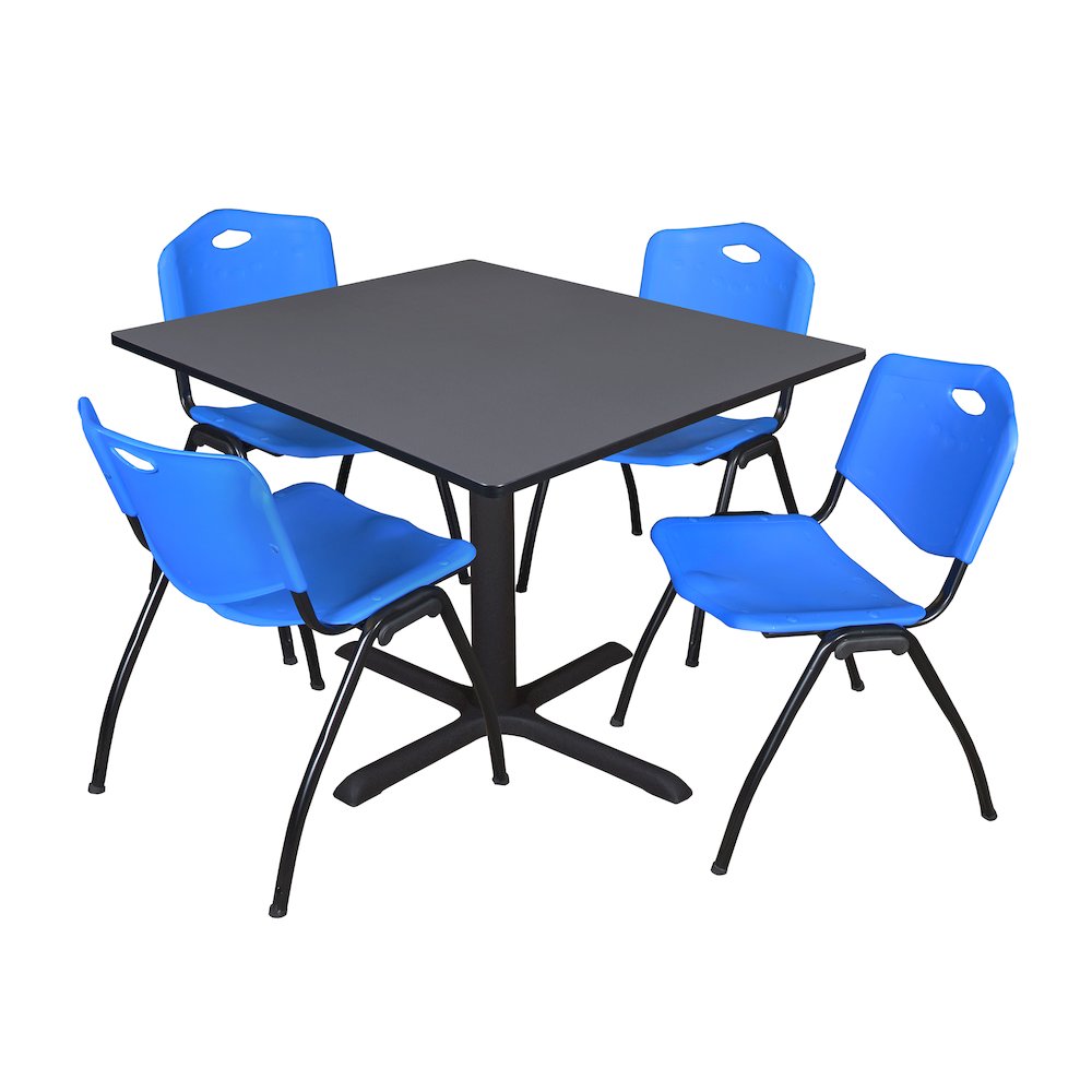 48 in. Square X-Base Breakroom Table- Grey & 4 M Stack Chairs- Blue. Picture 1