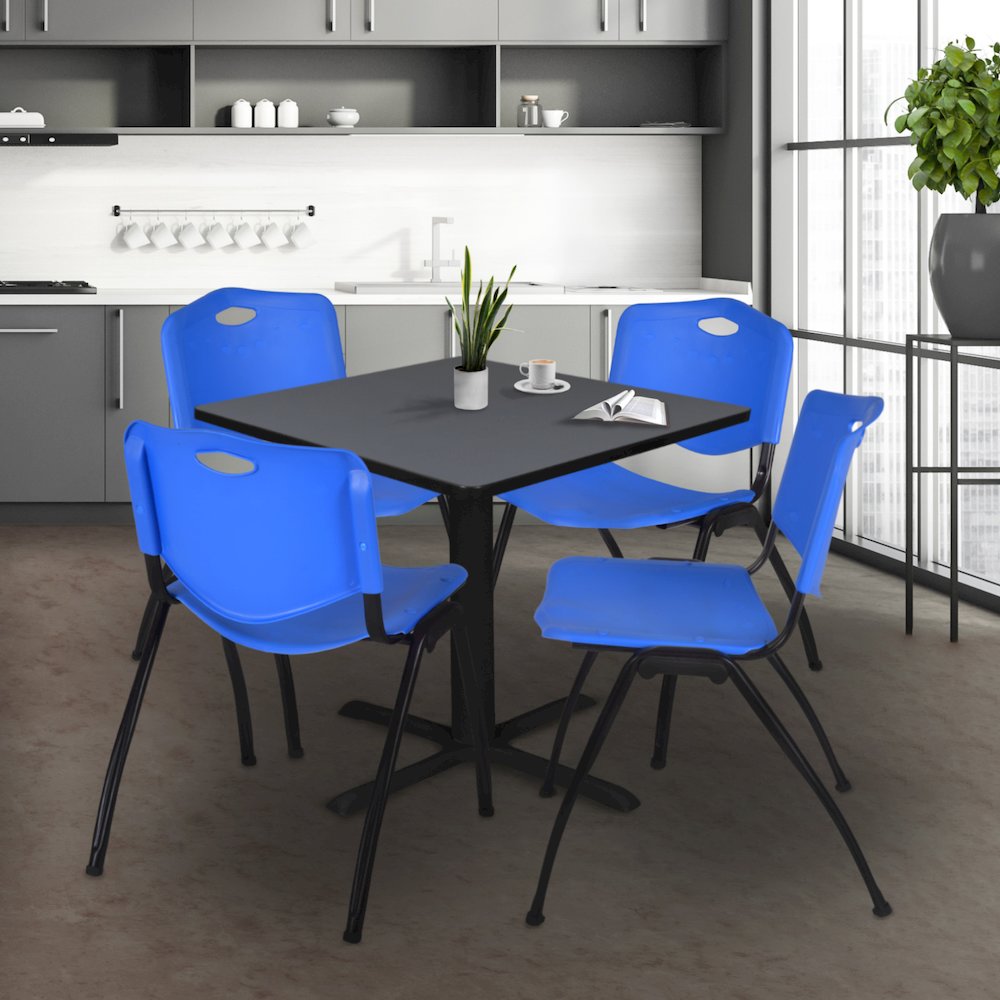 48 in. Square X-Base Breakroom Table- Grey & 4 M Stack Chairs- Blue. Picture 9