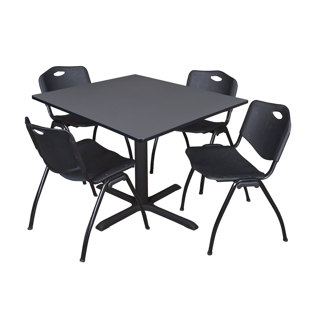 48 in. Square X-Base Breakroom Table- Grey & 4 M Stack Chairs- Black. Picture 1