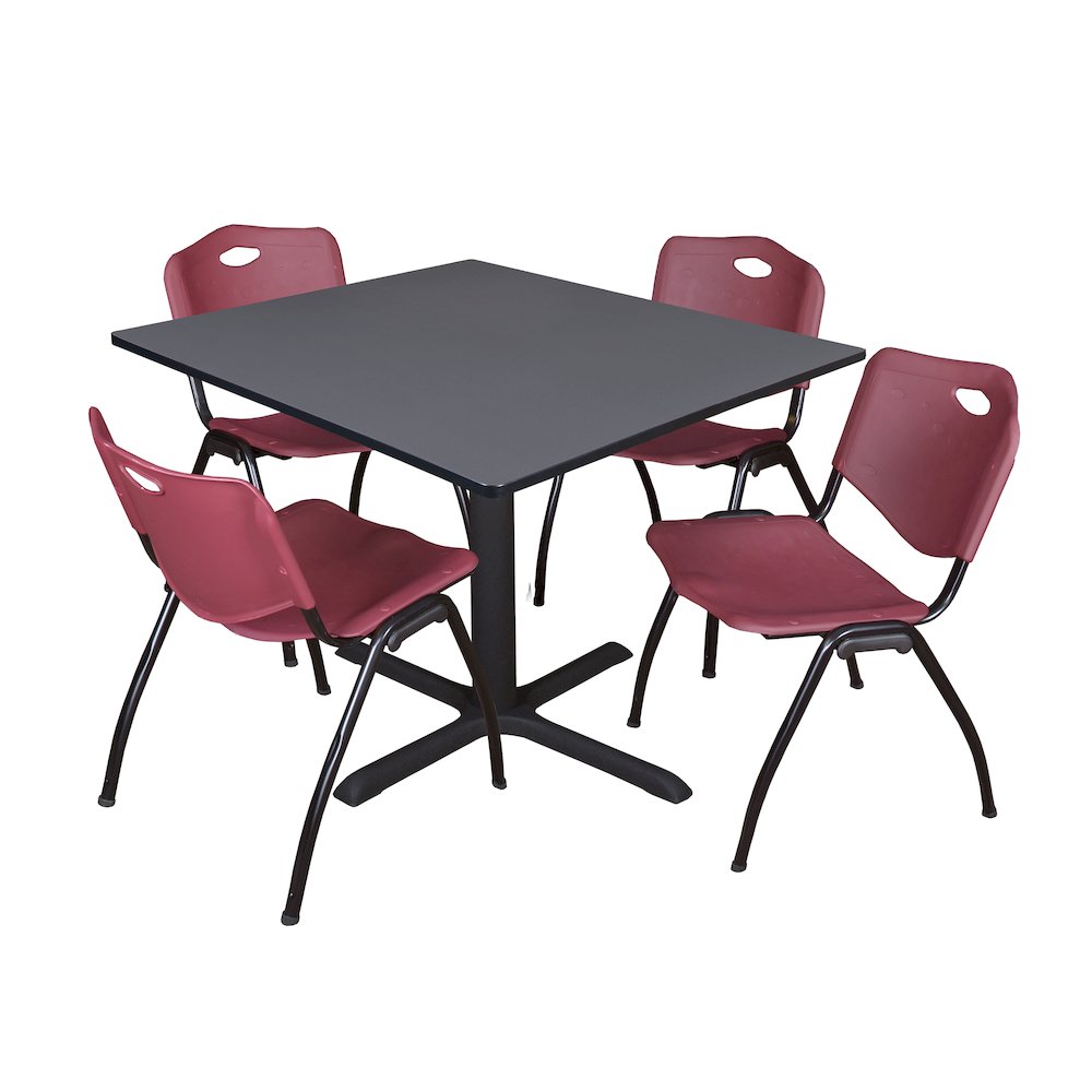 48 in. Square X-Base Breakroom Table- Grey & 4 M Stack Chairs- Burgundy. Picture 1