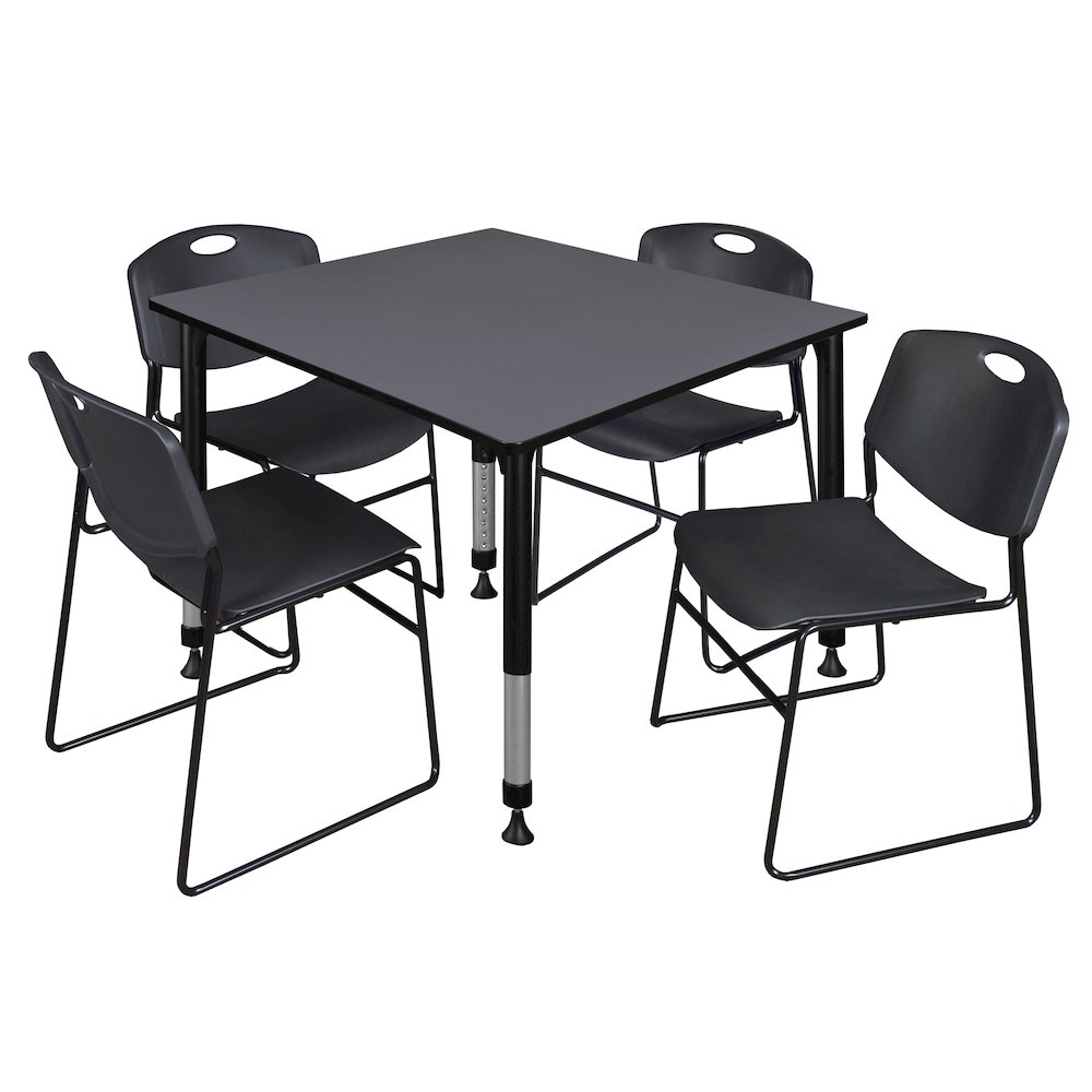 48 in. Square Adjustable Classroom Table- Grey & 4 Zeng Stack Chairs- Black. Picture 1