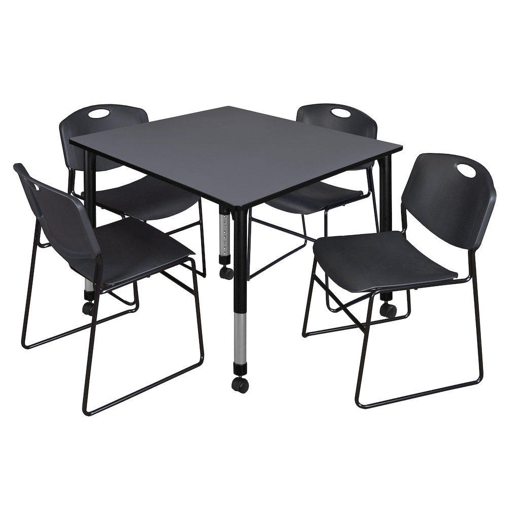 48 Square Mobile Adjustable Classroom Table- Grey & 4 Zeng Stack Chairs- Black. Picture 1