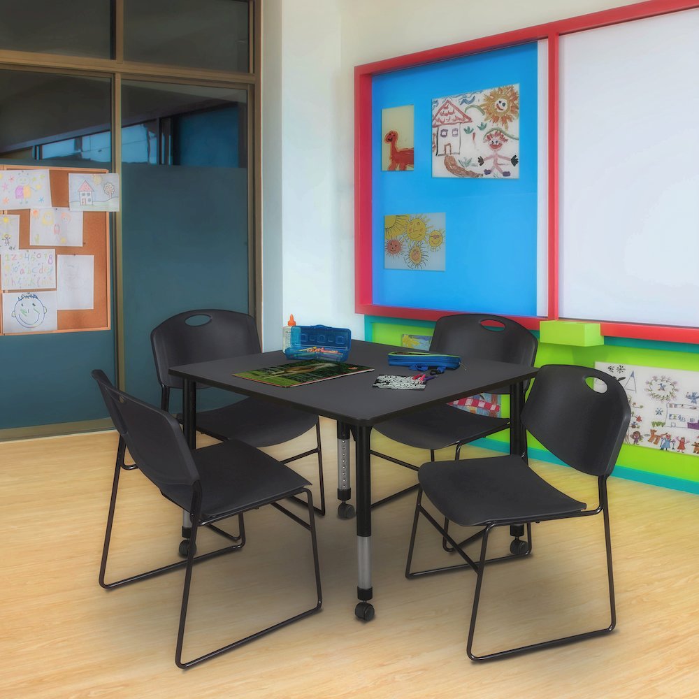 48 Square Mobile Adjustable Classroom Table- Grey & 4 Zeng Stack Chairs- Black. Picture 7